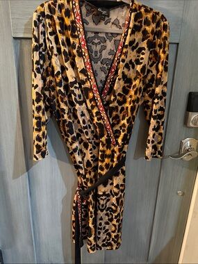 Beige by eci Leopard Print Wrap Dress with Red Trim